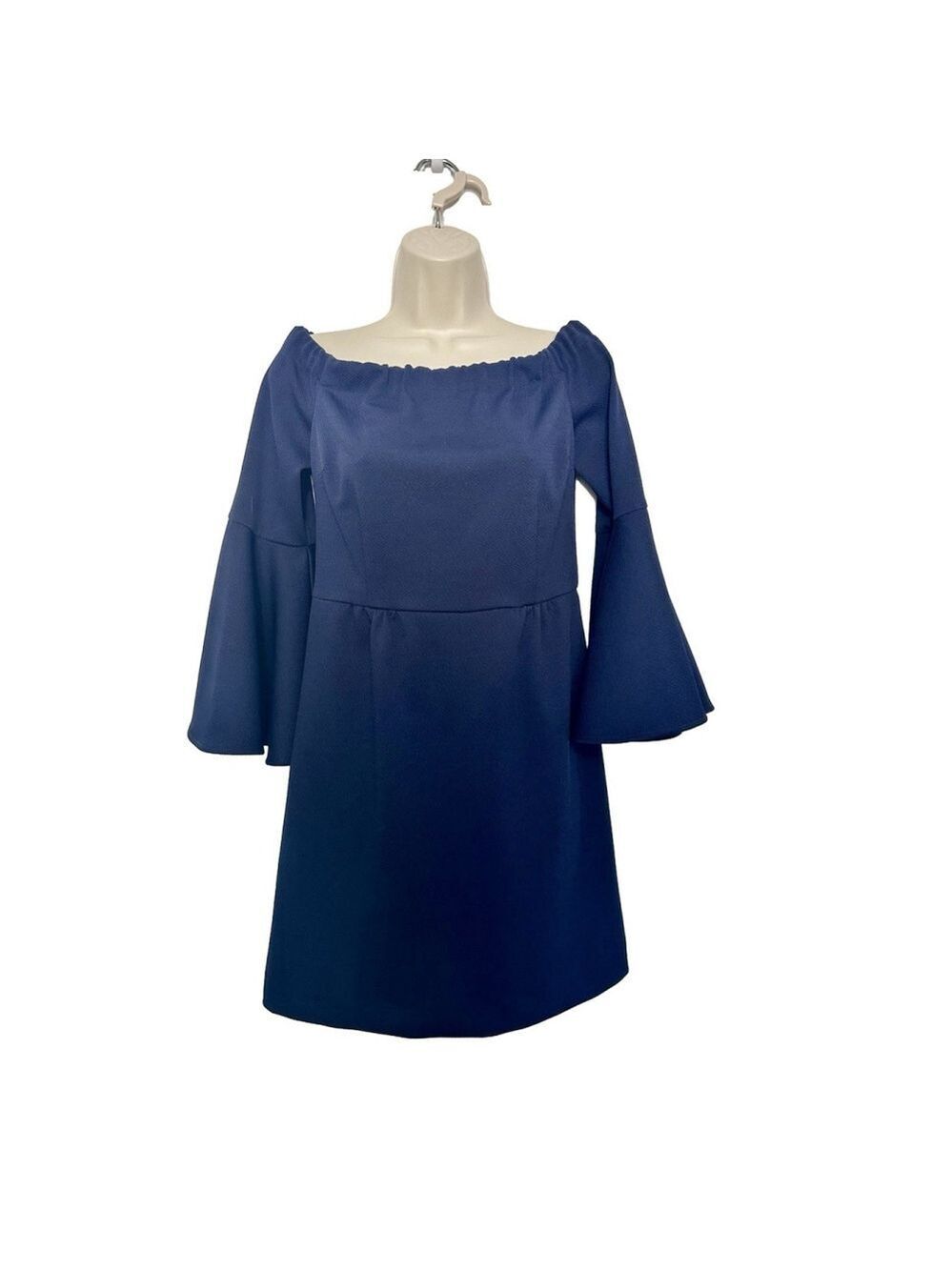 TRINA TURK Miley Off Shoulder Bell Sleeve Sheath Dress Sz 4 Blue Party Work $168 - Picture 7 of 9